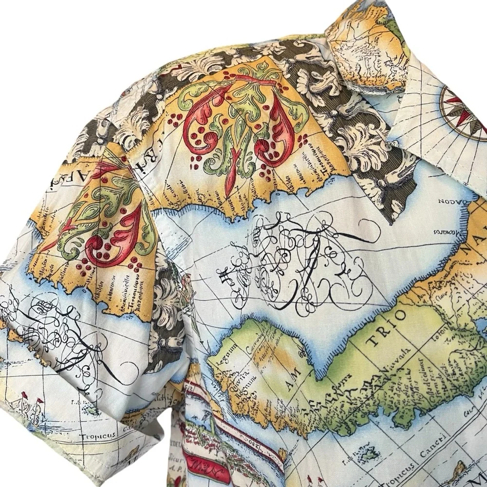 Vintage map print button up shirt short sleeve SP - Picture 5 of 13